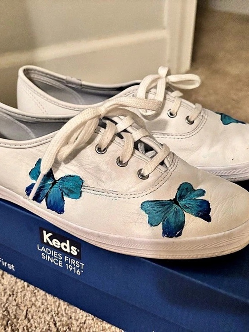 🦋 *Custom* Champion Floral Sneakers White Blue US 7 M